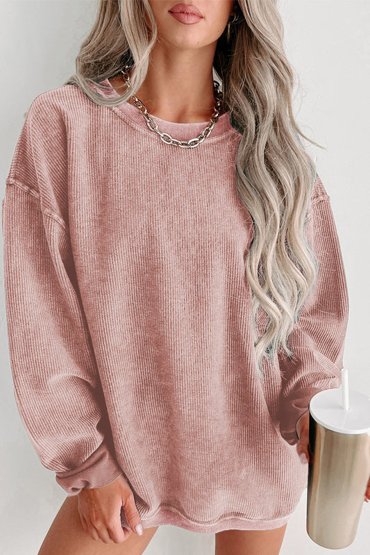 Pink Ribbed Knit Round Neck Pullover Sweatshirt