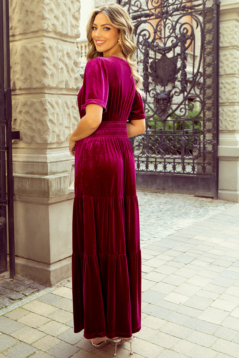 Evergreen Velvet Short Sleeve Shirred Waist Tiered Maxi Dress