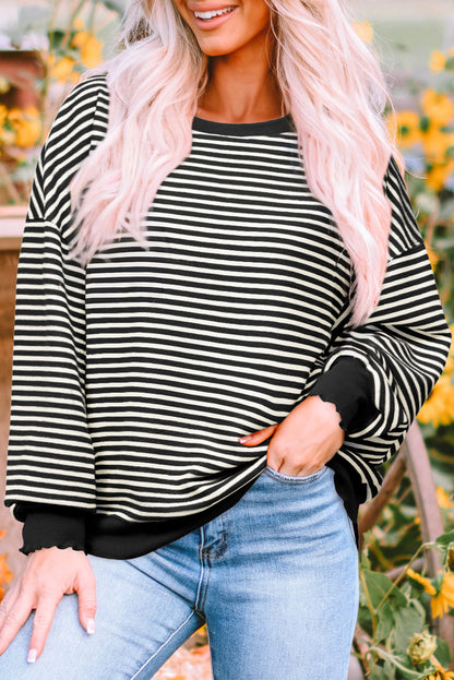 Green Stripe Loose Drop Shoulder Long Sleeve Top