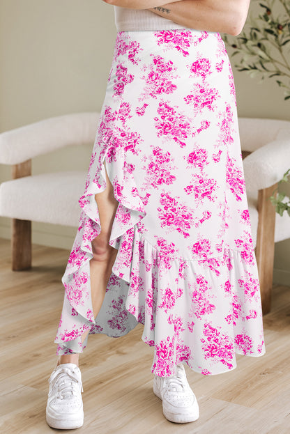 Black Boho Floral High Waist Ruffle Split Maxi Skirt