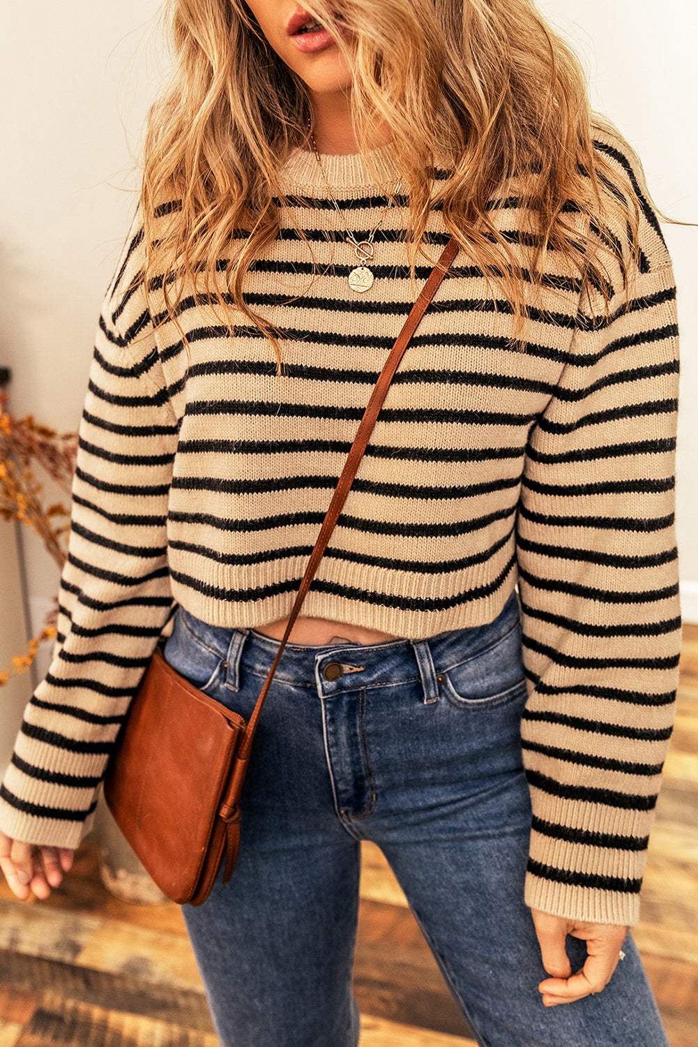 Light French Beige Striped Knit Drop Shoulder Crewneck Cropped Sweater