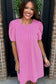 Parchment Corded Knit Crew Neck Puff Sleeve Shift Mini Dress