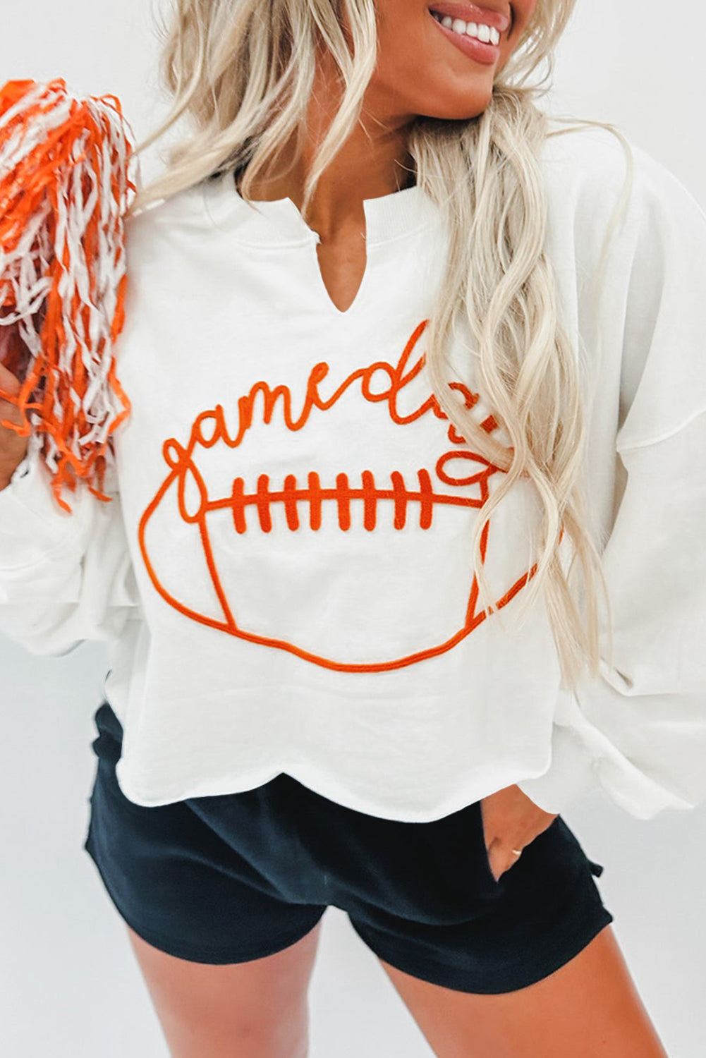 Bright White Game Day Notched Neck Sweatshirt