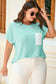 Light Blue Twisted Rib Contrast Pocket Knit Crew Neck Plus Size T Shirt