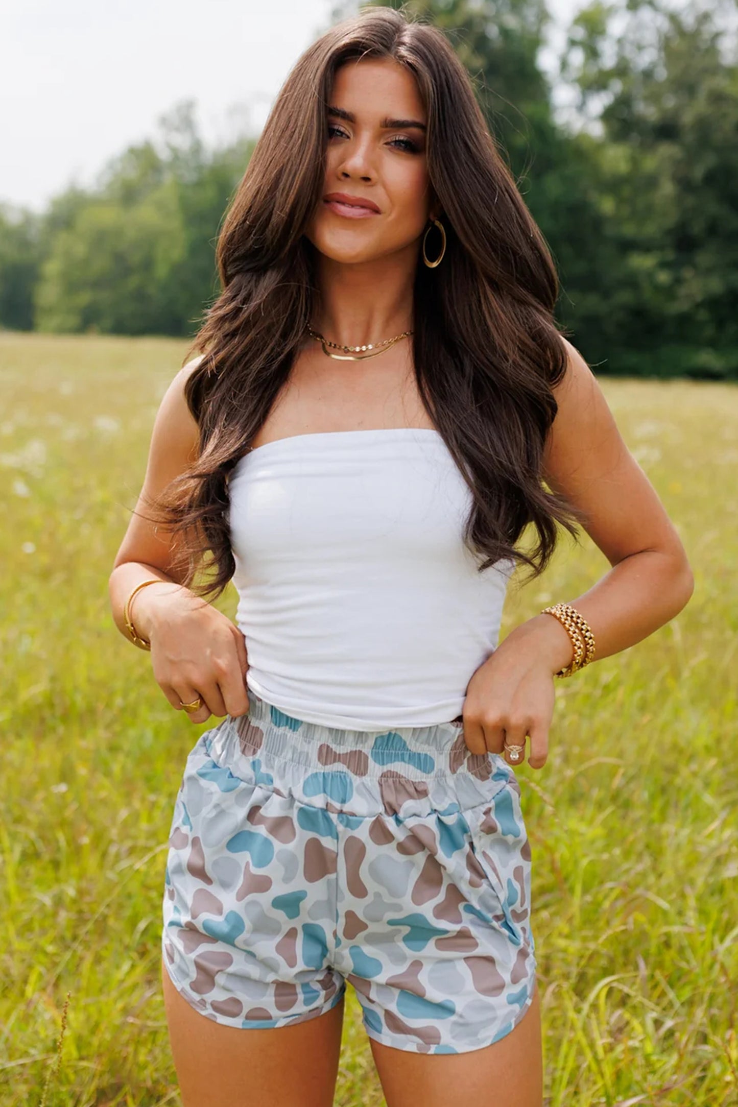 Multicolour Camouflage Print Shirred High Waist Athleisure Shorts