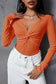 Orange Textured Twist Front V Neck Long Sleeve Slim Solid Color Top