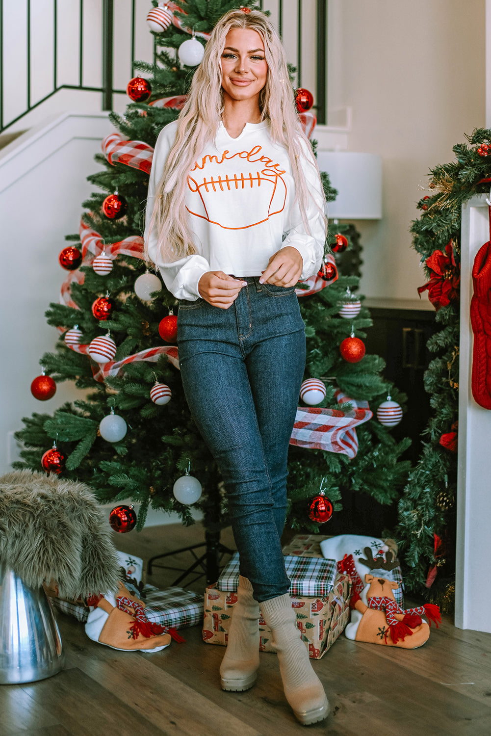 Bright White Game Day Notched Neck Sweatshirt