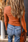 Orange Textured Twist Front V Neck Long Sleeve Slim Solid Color Top