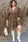 Brown Printed Plaid V Neck Plus Size Babydoll Dress