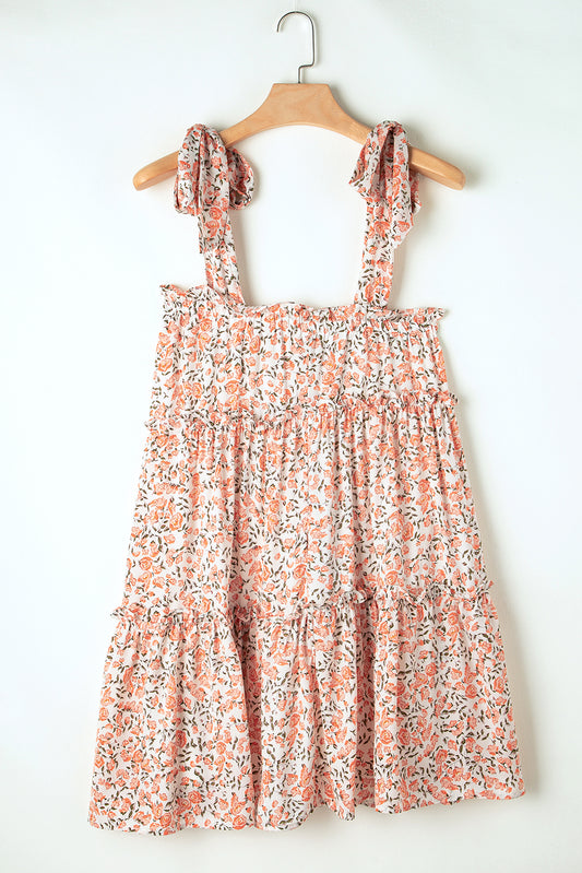 Floral Knotted Straps Tiered Babydoll Dress