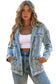 Sky Blue Button Closure Ripped Hooded Denim Jacket