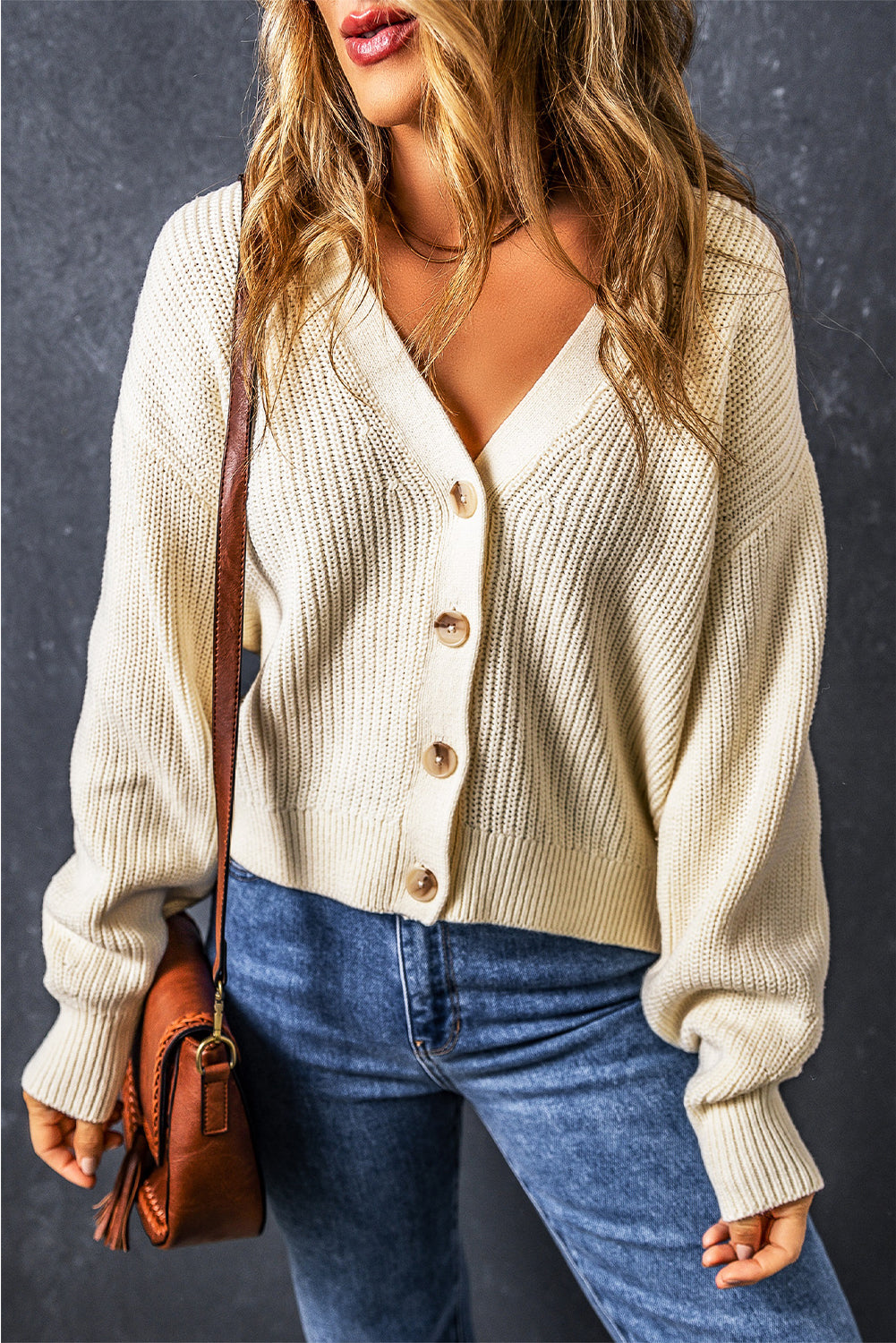 Beige Knitted Buttoned V Neck Cardigan