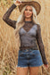 Black Western Rodeo Printed Mock Neck Long Sleeve Mesh Top