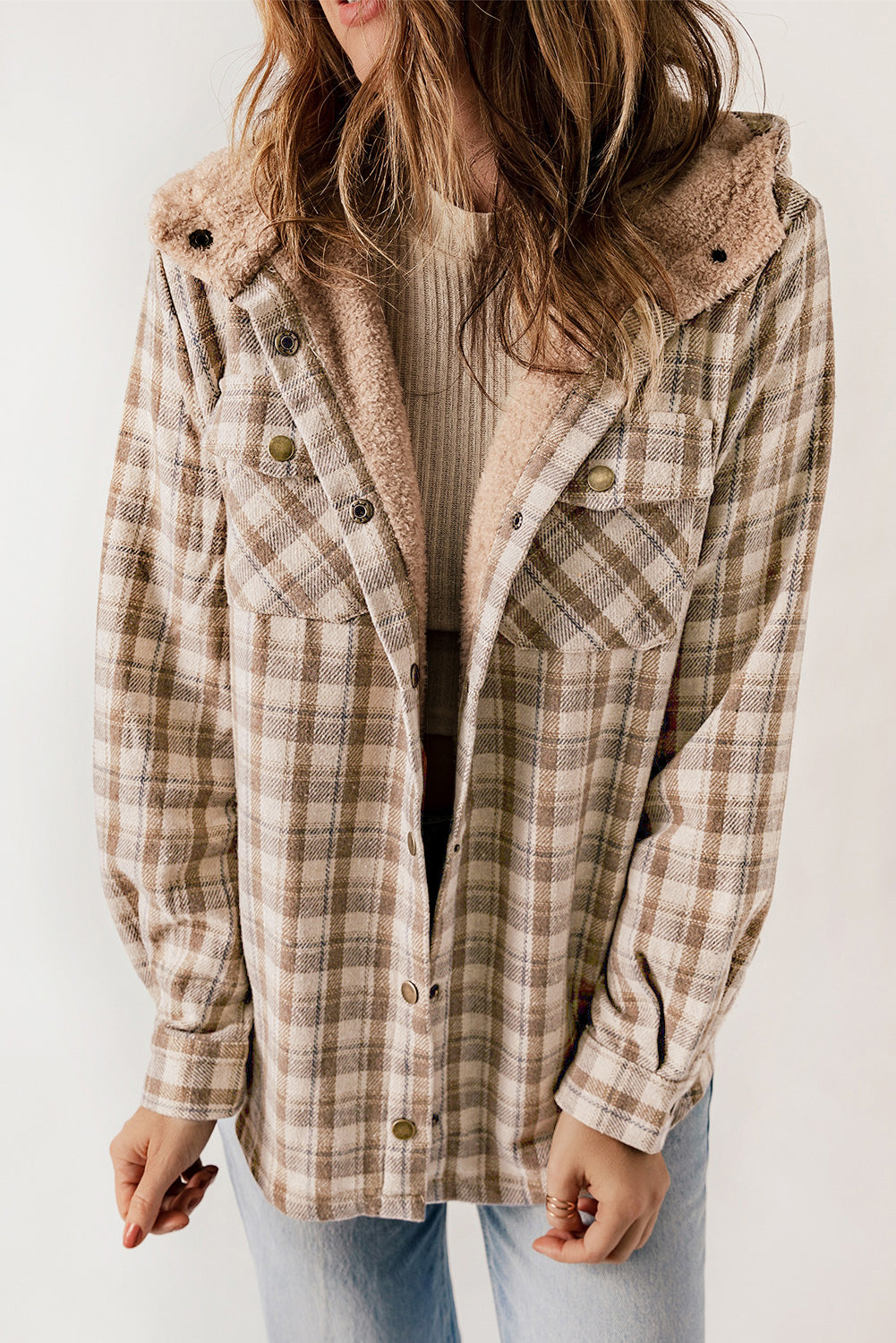 Khaki Plaid Sherpa Lined Hooded Shacket