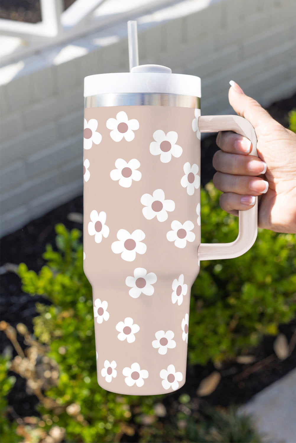 Floral Print Stainless Tumbler With Lid And Straw