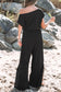 Black Checkered Mesh One Shoulder Short Sleeve Knotted Waist Jumpsuit