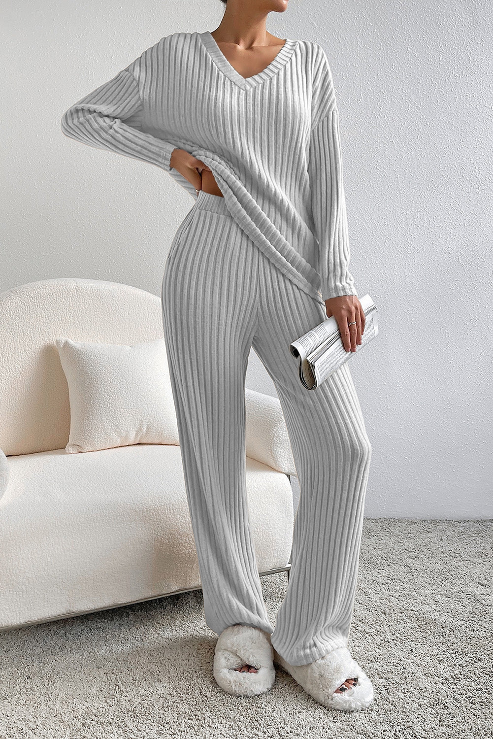 Light Grey Ribbed Knit V Neck Slouchy 2pc Outfit