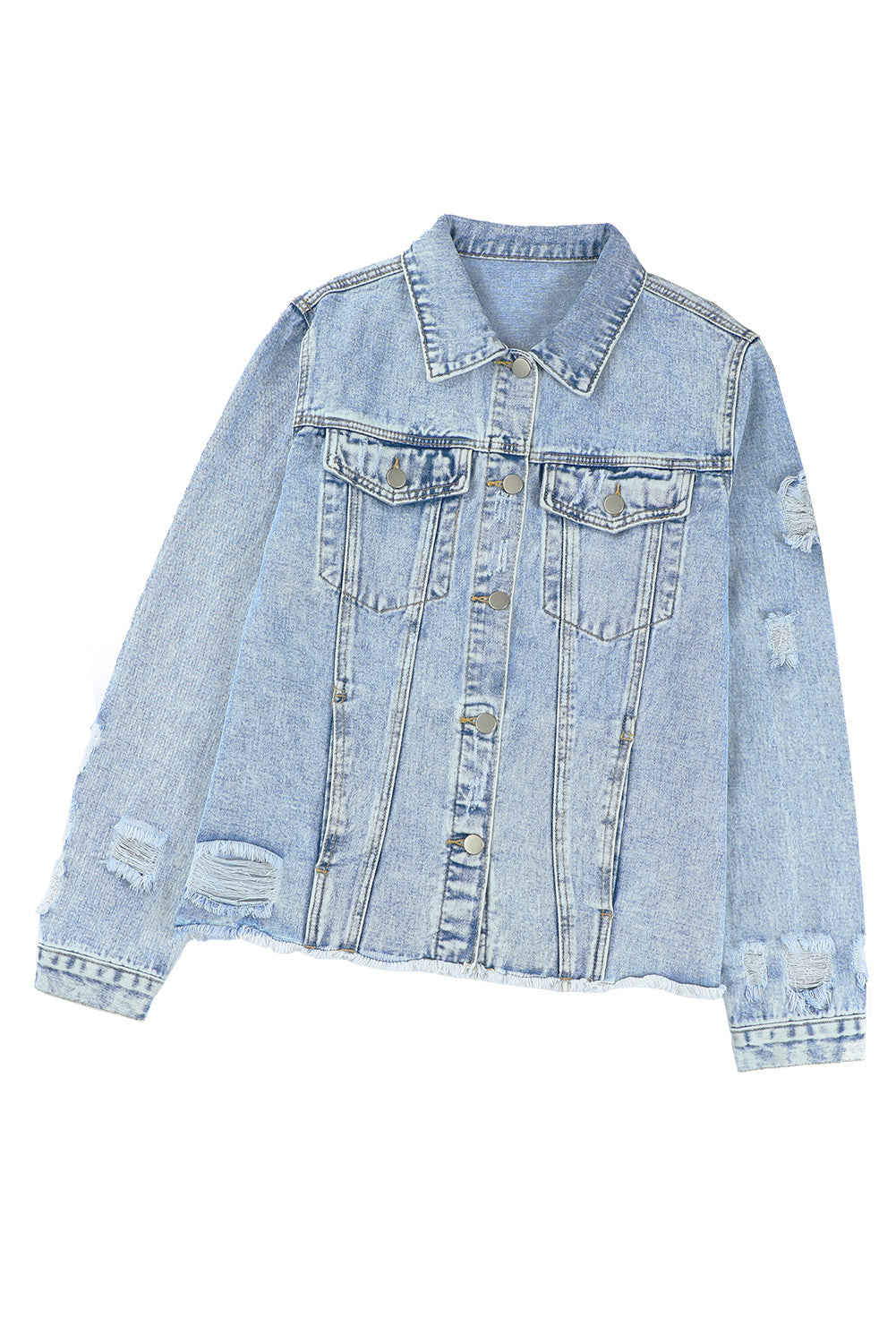 Sky Blue Lapel Distressed Raw Hem Denim Jacket