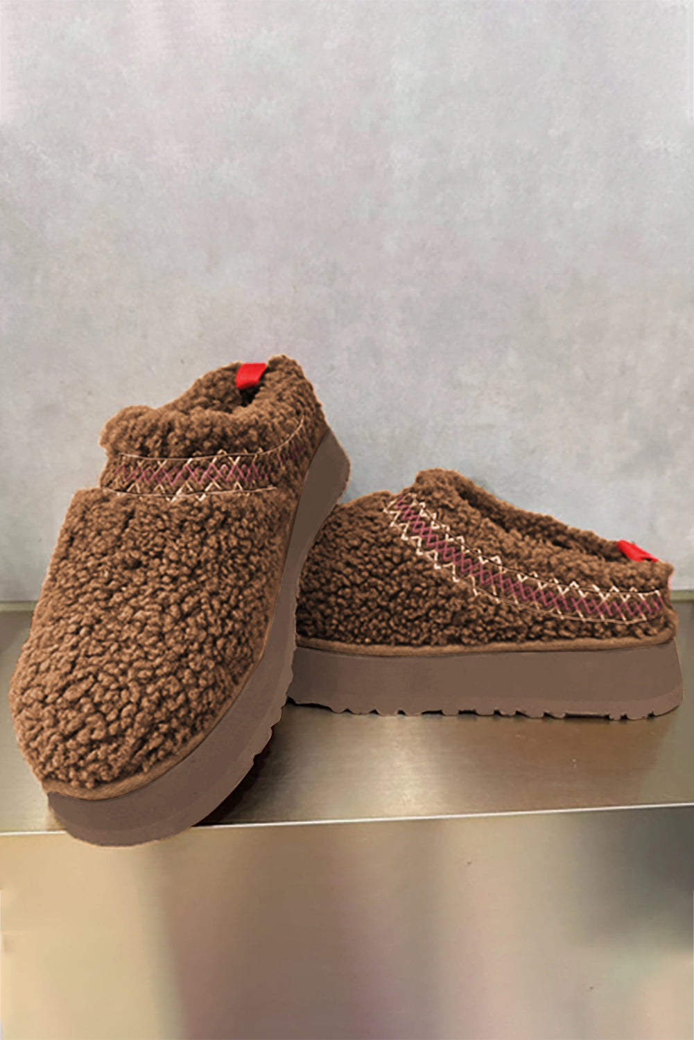 Chestnut Embroidered Sherpa Plush Thick Sole Shoes