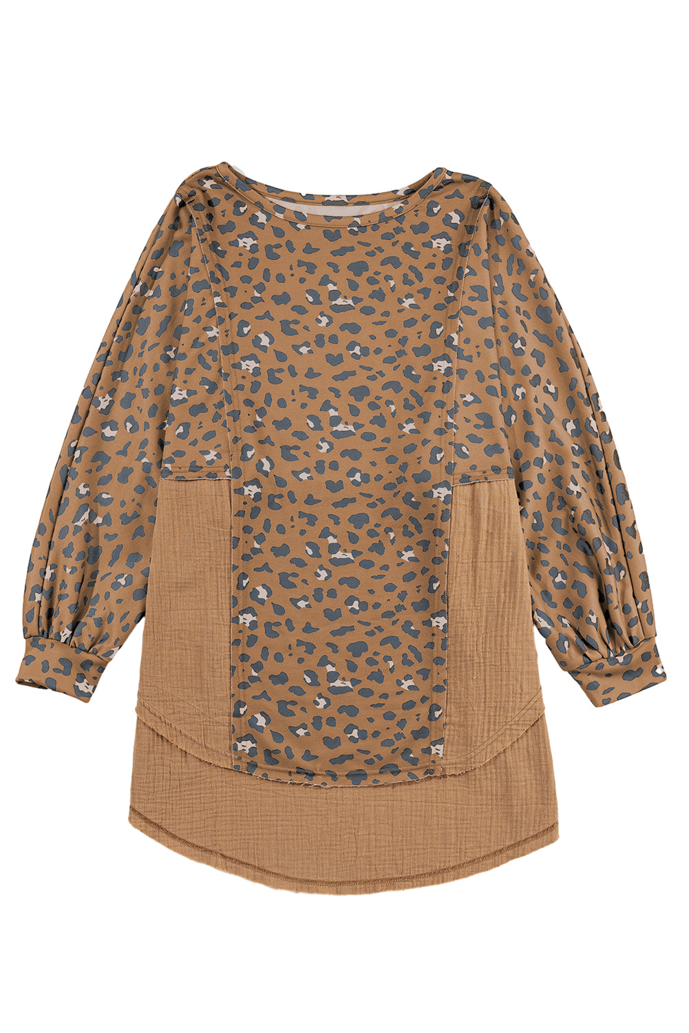 Brown Printed Raw Edge Leopard Patchwork Oversized Blouse