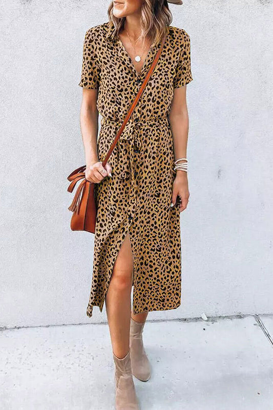 Turn-Down Collar Khaki Leopard Midi Dress