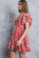 Pink Floral Square Neck Ruffle Sleeve Tiered Dress