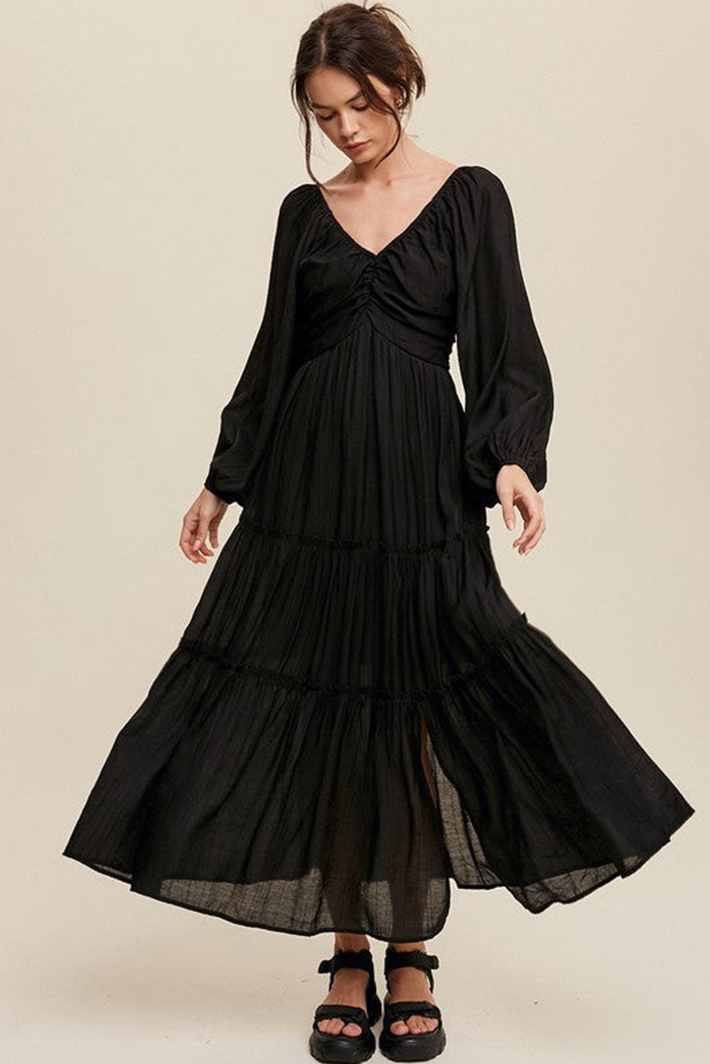 Black V Neck Frill Tiered Maxi Dress