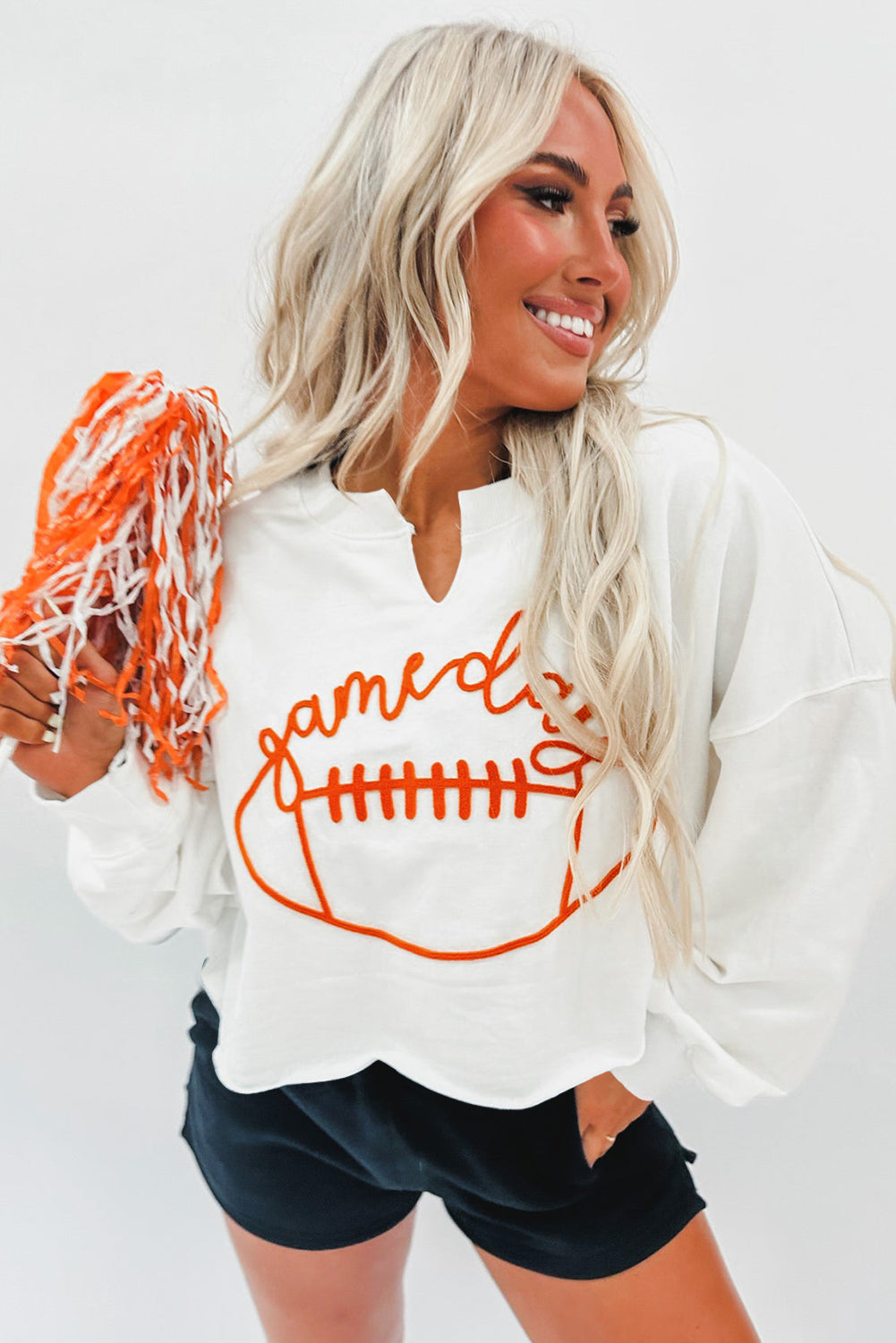 Bright White Game Day Notched Neck Sweatshirt