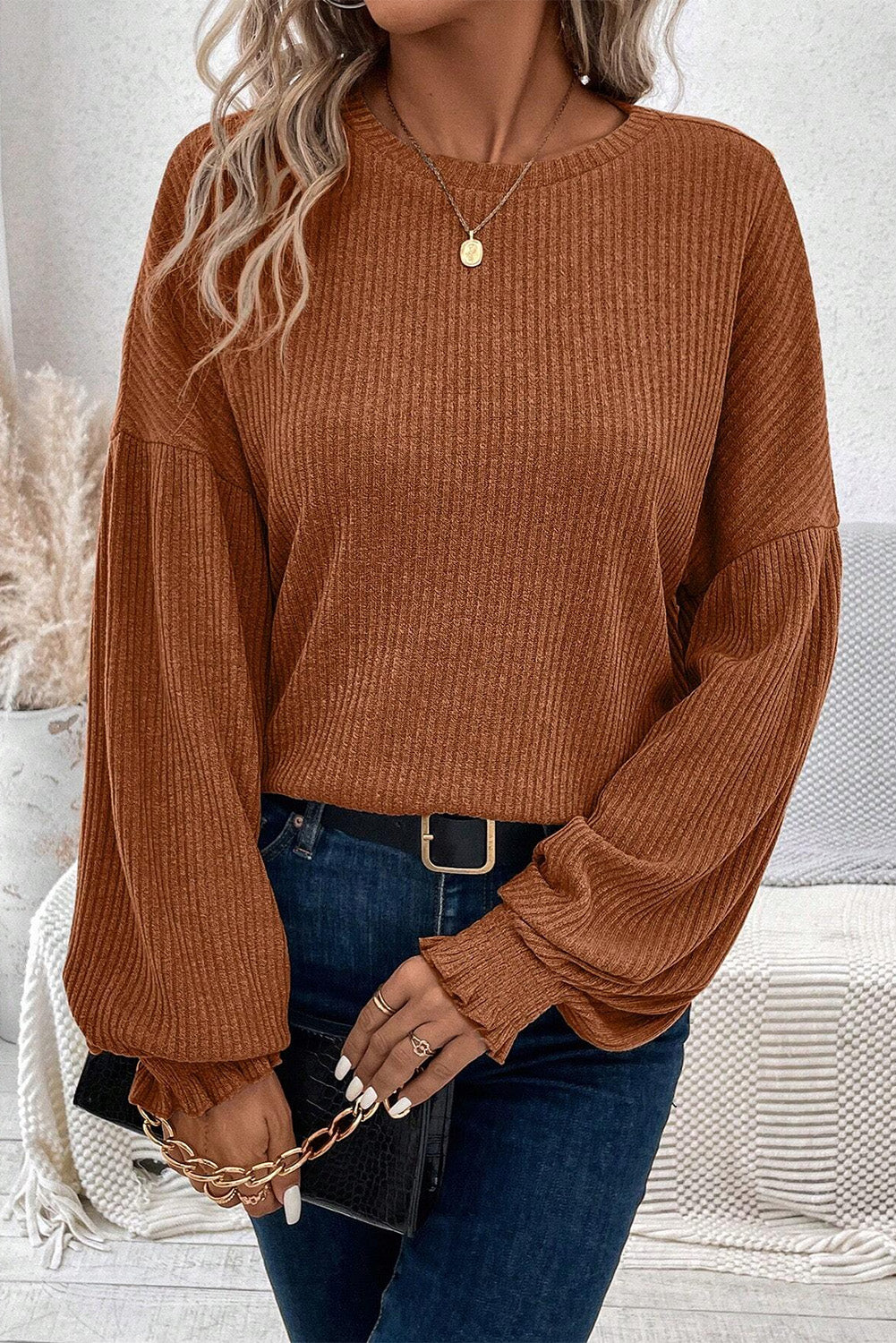 Chestnut Ribbed Knit Drop Shoulder Ruffled Sleeve Top