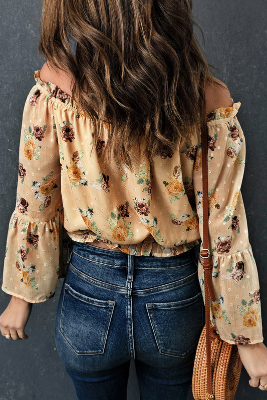 Pale Yellow Bell Sleeves Floral Crop Top