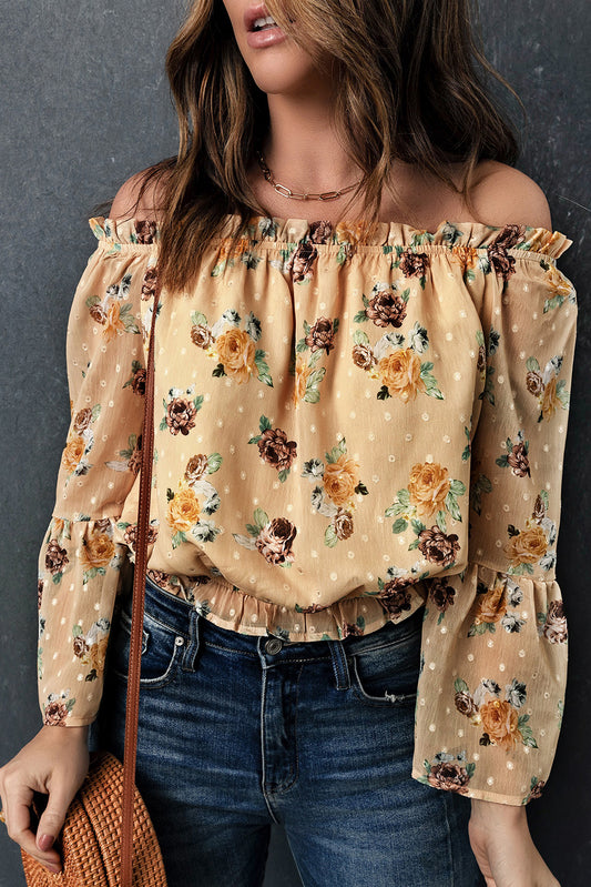 Pale Yellow Bell Sleeves Floral Crop Top