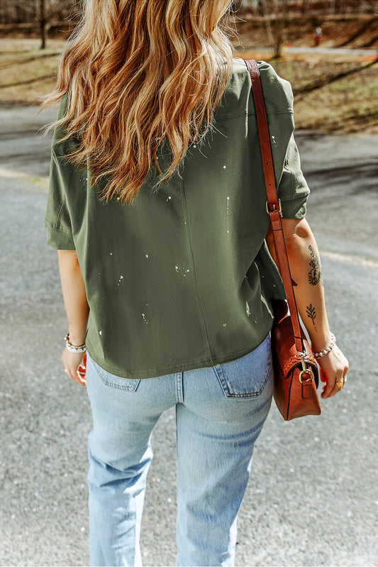 Green Distressed Bleached Asymmetric Hem Short Sleeve Top