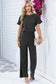 Black Ribbed Keyhole Short Sleeve Wide Leg Jumpsuit