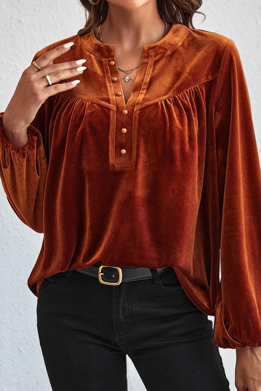 Gold Flame Lantern Sleeve V Neck Velvet Top