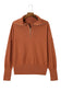 Brown Solid Ribbed Trim Plus Size Zip Collar Sweater