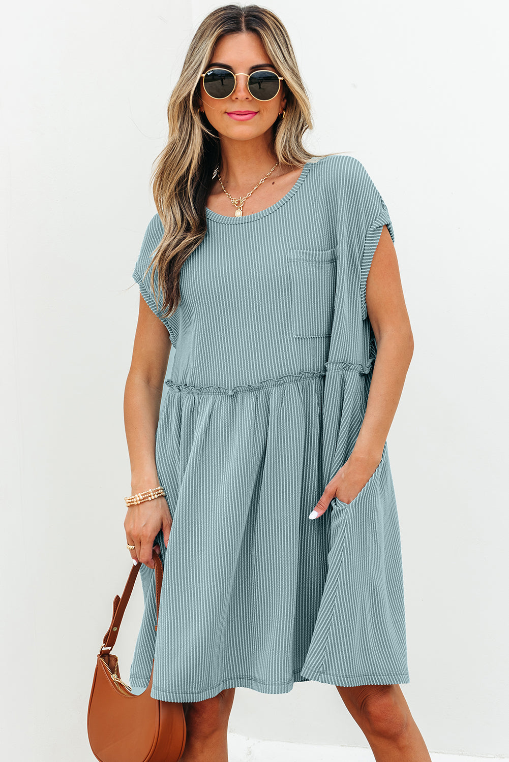 Dusty Pink Corded Knit Textured Patched Pocket Frilled Swing Mini Dress with Pockets