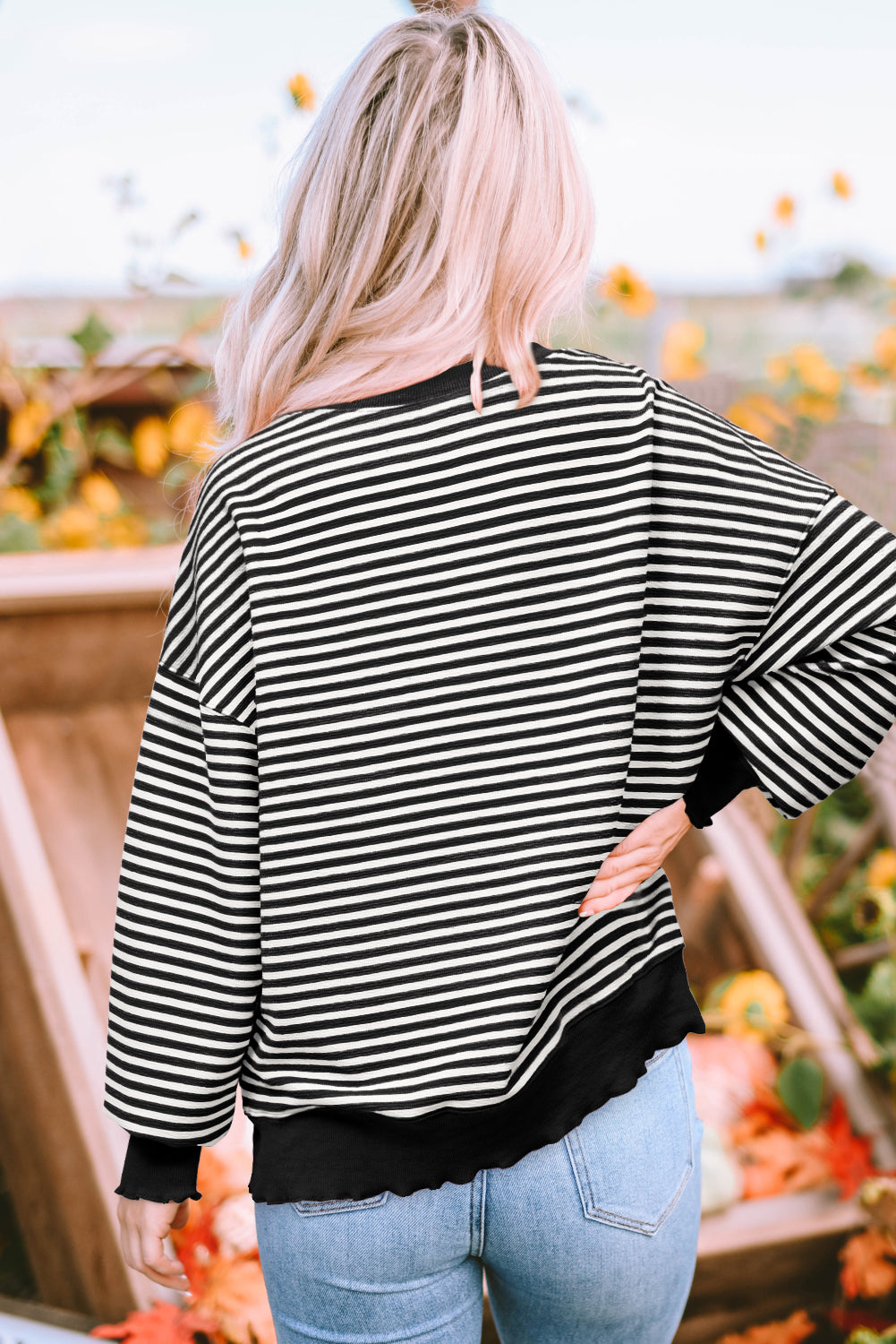 Green Stripe Loose Drop Shoulder Long Sleeve Top