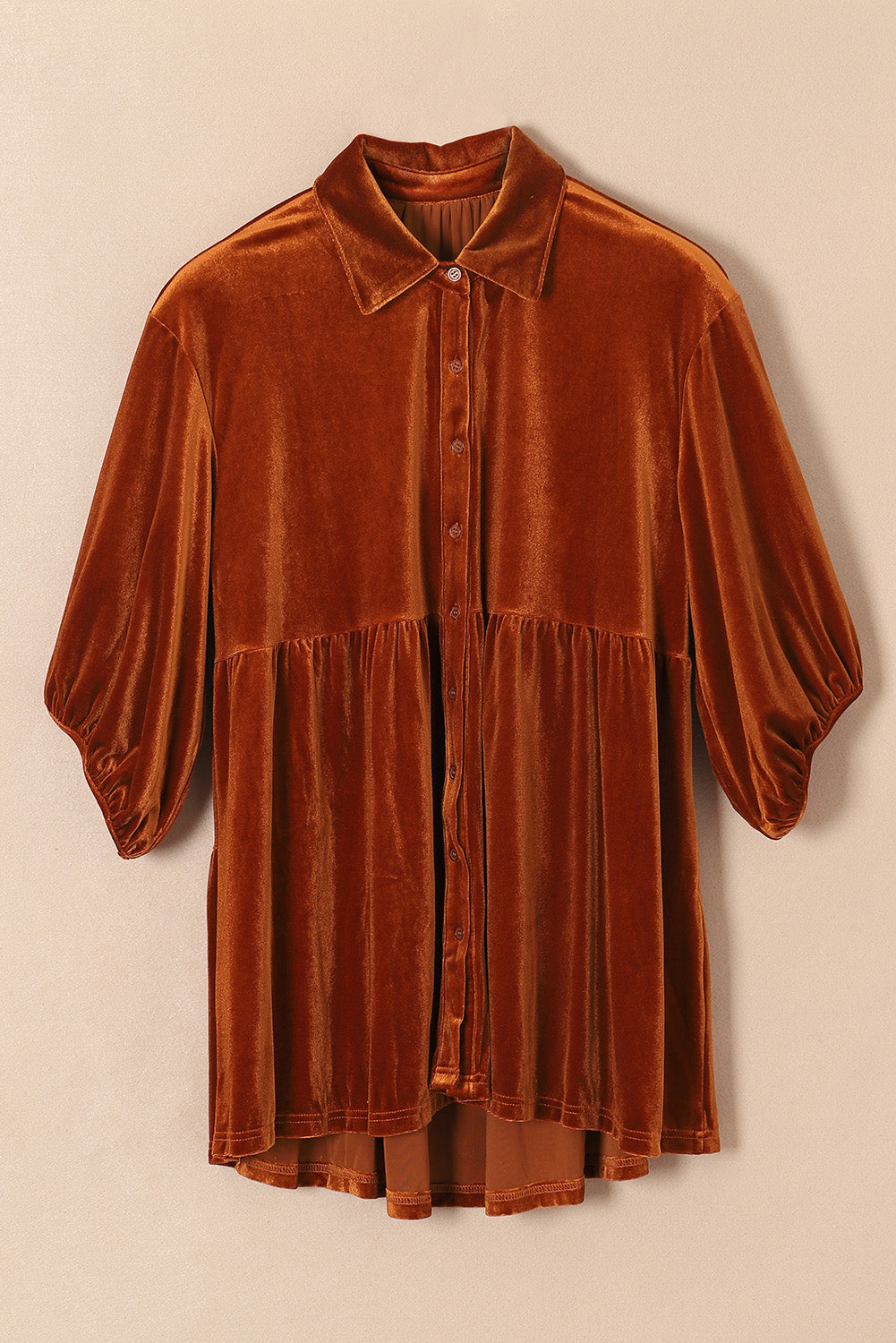 Chestnut 3/4 Sleeve Tunic Babydoll Velvet Shirt