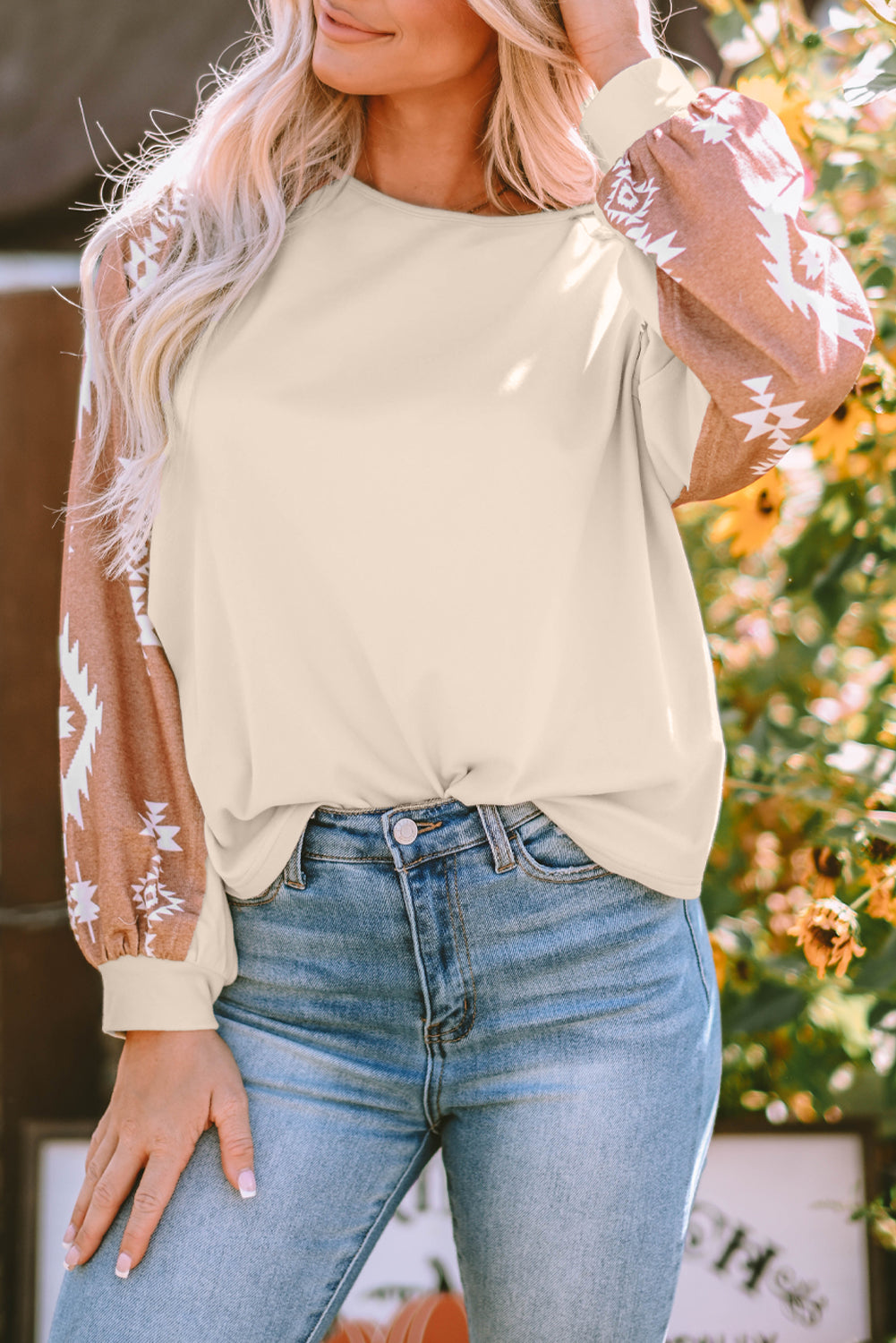 Apricot Western Print Long Sleeve Top