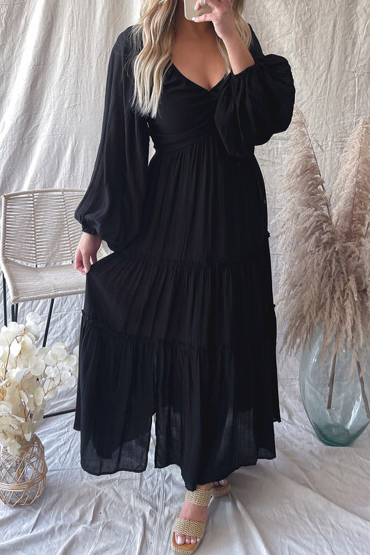 Black V Neck Frill Tiered Maxi Dress