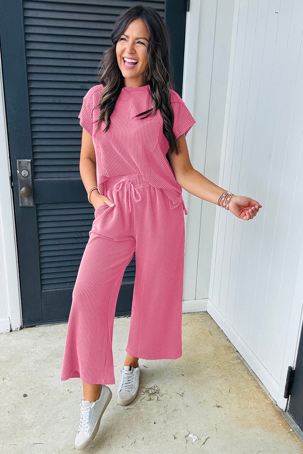 Smoke Gray Solid Corded Knit Short Sleeve T Shirt and Wide Leg Pants Set