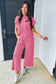 Smoke Gray Solid Corded Knit Short Sleeve T Shirt and Wide Leg Pants Set