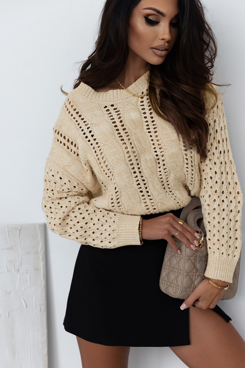 Khaki Cable Knit Drop Shoulder Sweater