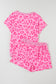 Pink Leopard Print Tee and Satin Tie Shorts Lounge Set