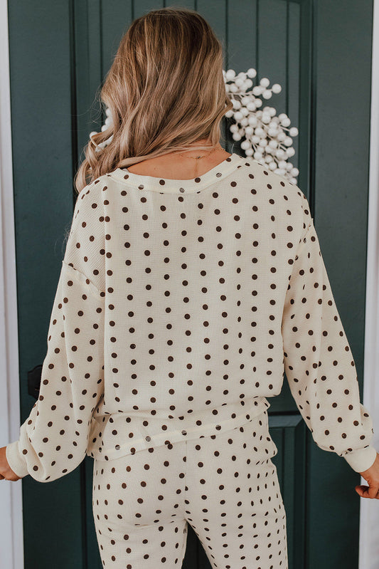 White Polka Dot Print Notched Neck Long Sleeve Top Drawstring Jogger Pants Waffle Knit Lounge Set