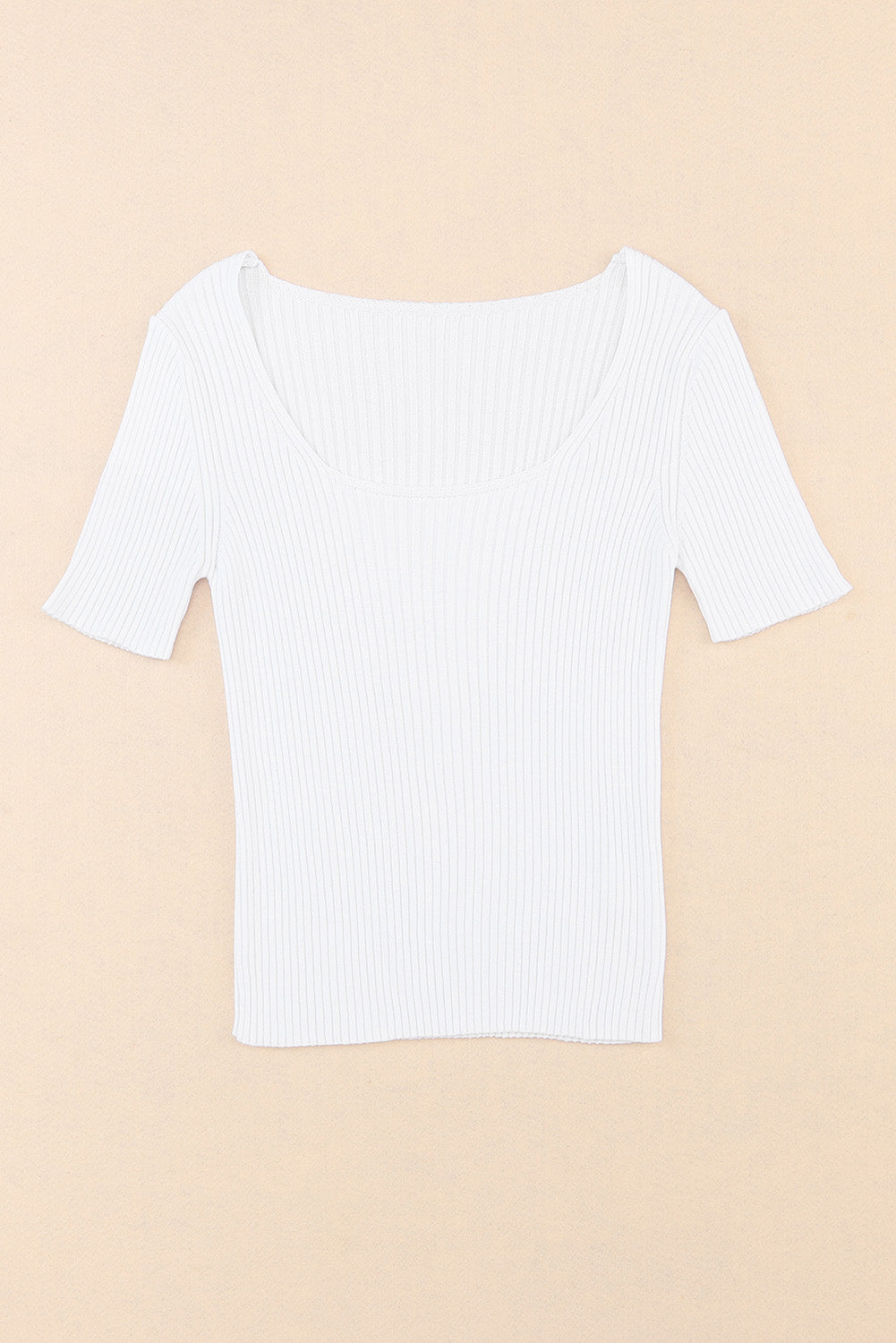 White Ribbed Square Neck Short Sleeve Top