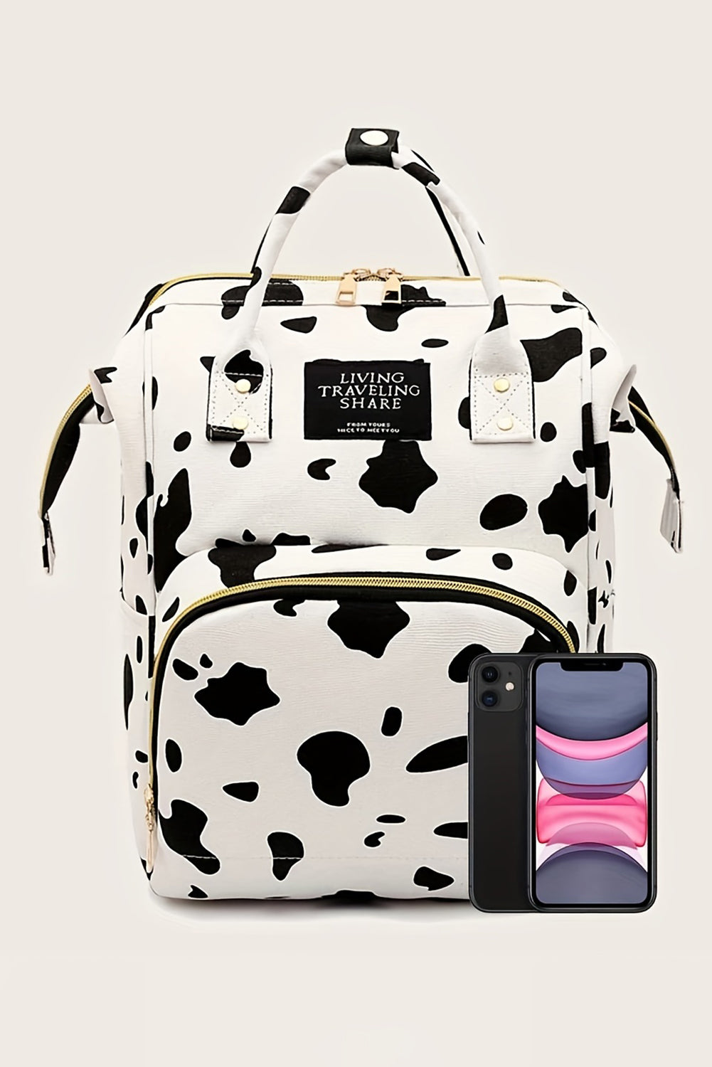 White Cow Print Multi Pocket Canvas Backpack