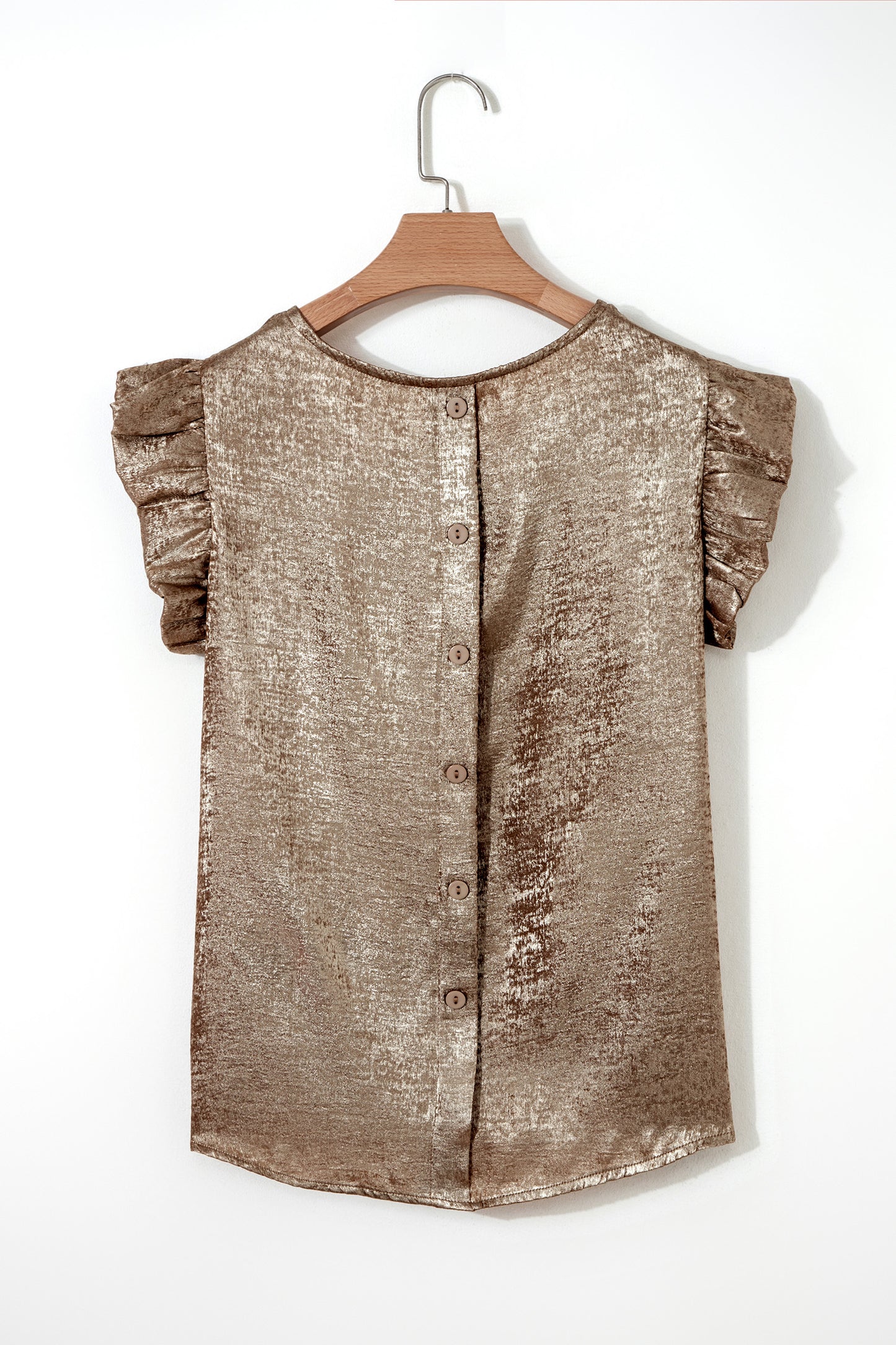 Gold Metallic Round Neck Ruffle Trim Sleeveless Top