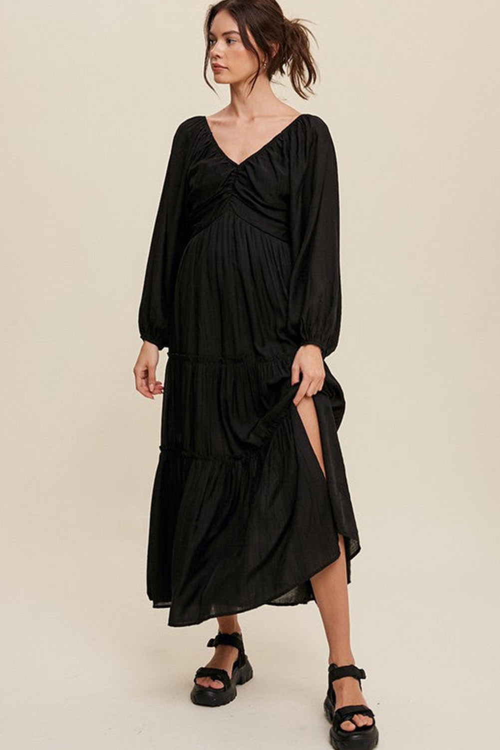 Black V Neck Frill Tiered Maxi Dress