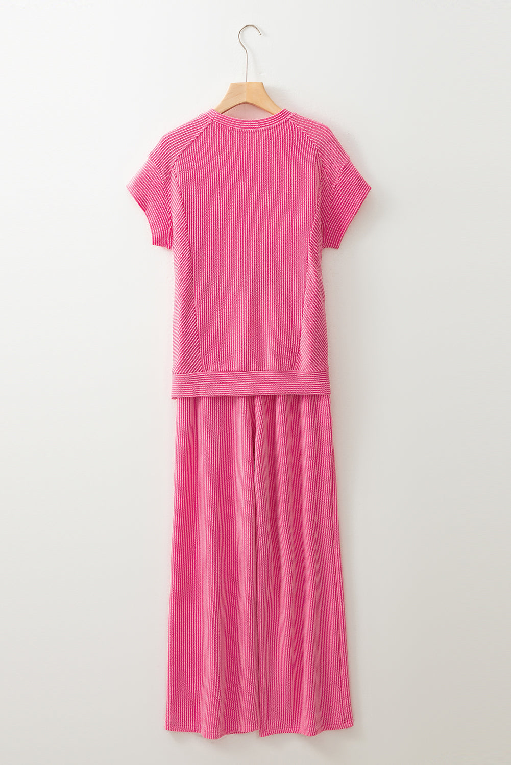 Smoke Gray Solid Corded Knit Short Sleeve T Shirt and Wide Leg Pants Set